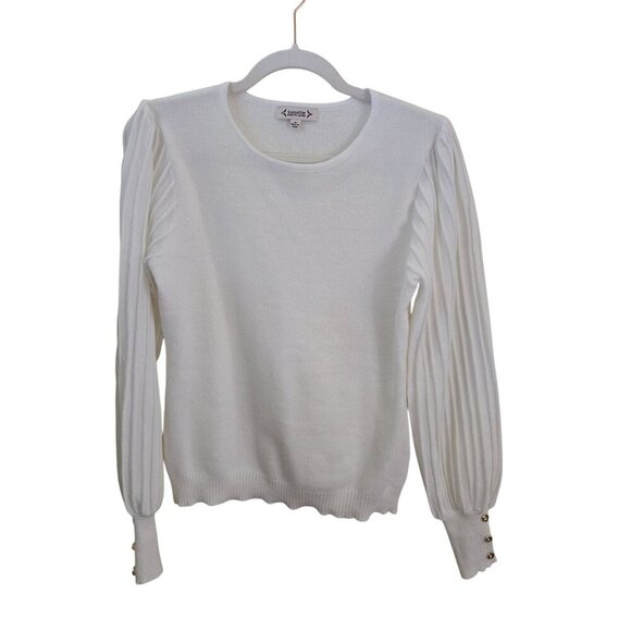 Nanette Lepore White Sparkle Pleated Bishop Sleeve Button Detail Sweater Size M - Picture 2 of 11